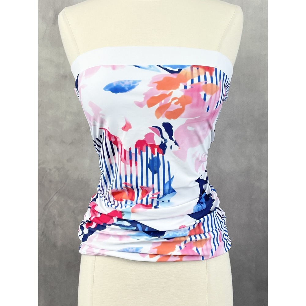 Floral Striped Tube Top Womens Small Stretch Ruched Y2K Indie Tropical Resort